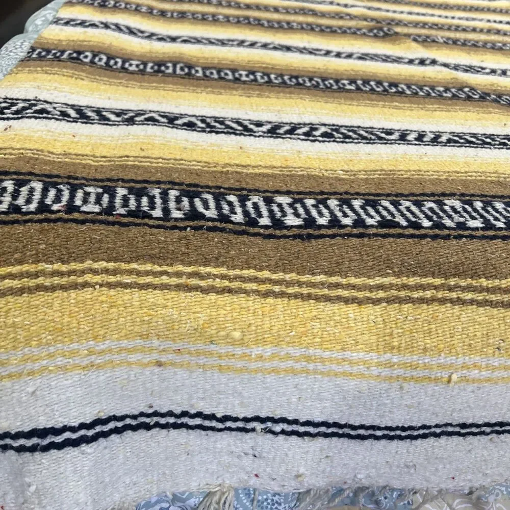 Traditional FALSA Mexican Hand Woven Sarape Throw Yellow, Black, Beige 53” X 86”